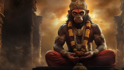 Serene monkey warrior meditates in a glowing ancient temple