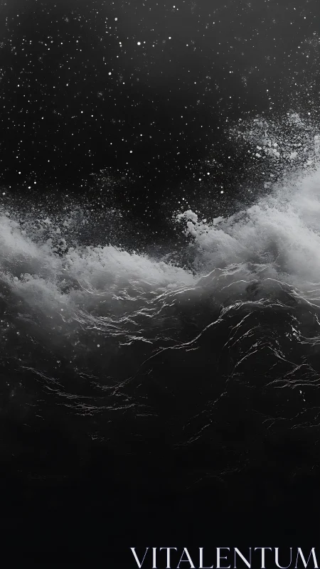 Starlit surf collides with midnight depths in monochrome roar