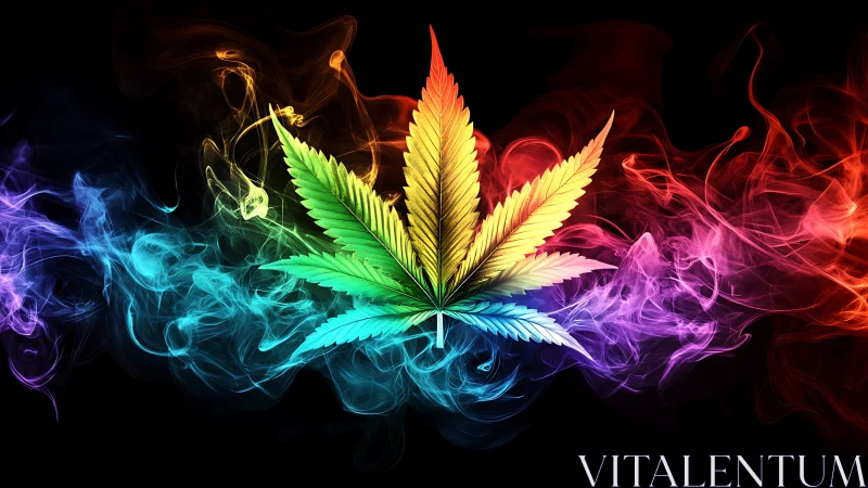 Rainbow cannabis leaf glows amid swirling neon smoke.