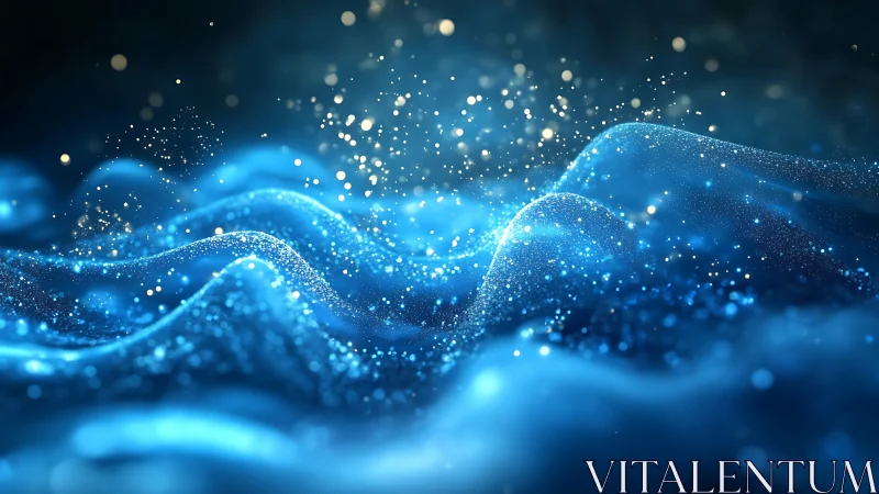 Luminous blue particle waves forming abstract digital landscape.