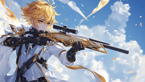 Golden haired anime sniper aiming ornate rifle skyward