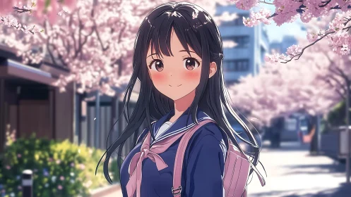Sakura-lined urban street with anime schoolgirl portrait focus.