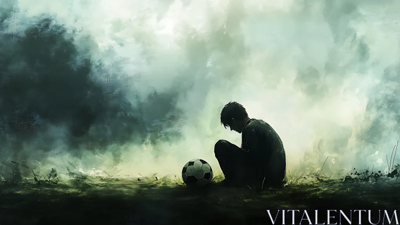Melancholic soccer youth in misty atmospheric field scene.