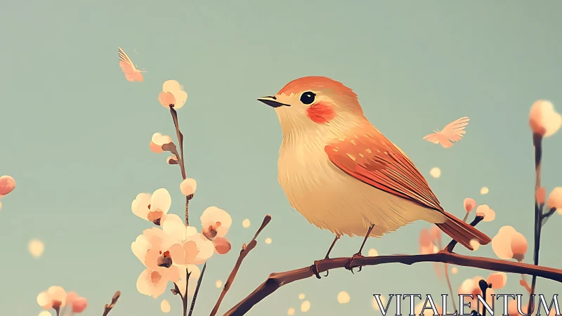 Small songbird on flowering branch in stylized landscape.