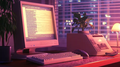 Retro desktop workstation displays code in evening interior