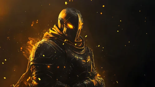 Armored humanoid figure stands in glowing ember environment