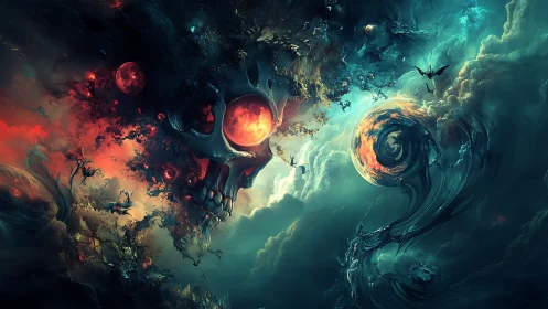 Cosmic skull engulfs burning planets in stormy nebula