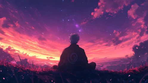 Solitary anime figure contemplates a blazing cosmic sunset.