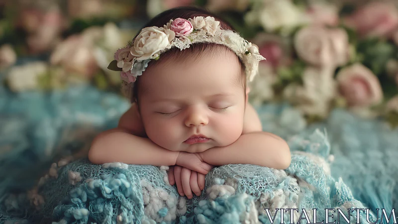 Sleeping Newborn Portrait with Floral Crown Against Blurred Rose Garden Backdrop