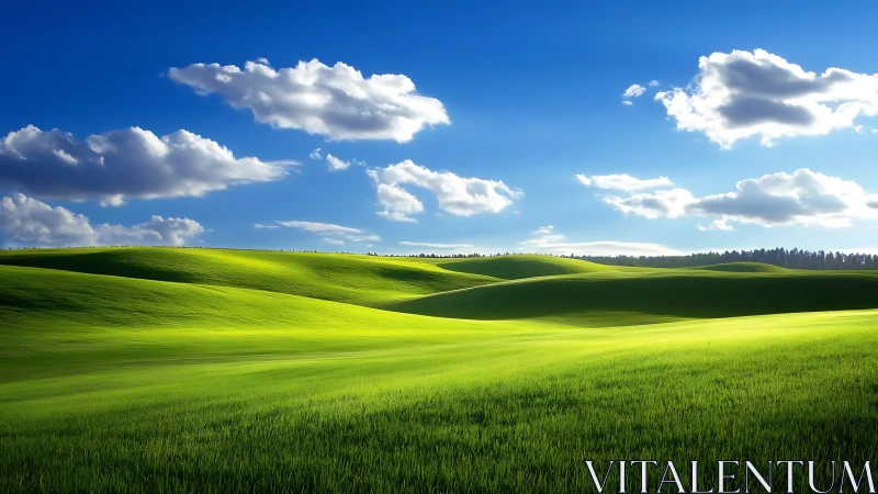 Sunlit emerald hills rolling beneath a wide azure sky.