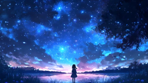 Girl stands by reflective lake under bright starry sky.