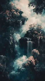 Vertical forest gorge with tiered waterfalls and misty clouds.