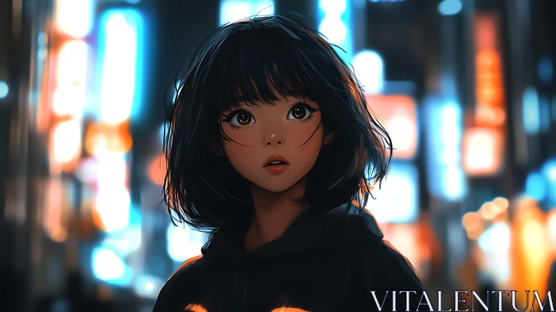 Neon city girl portrayed in soft-focus anime nightscape.