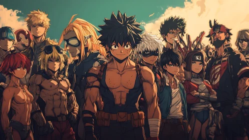 Grit-scarred anime heroes gather beneath a storm-bright sky.
