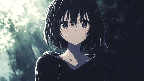 Melancholic girl in dappled forest light, soft anime render.