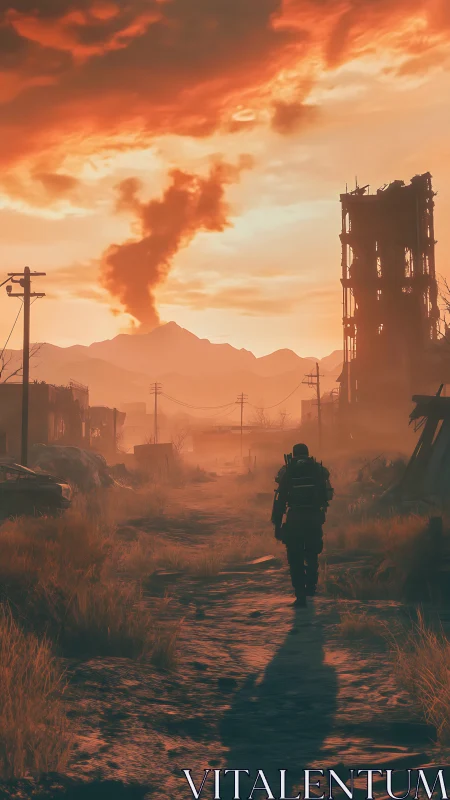 Solitary armored figure in derelict urban roadway at dusk.