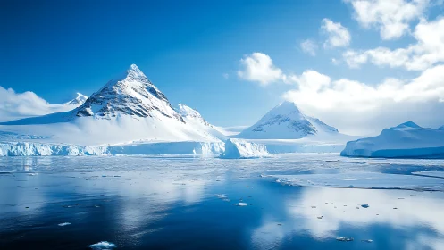 Snow-covered peaks rise above calm polar seawater surface