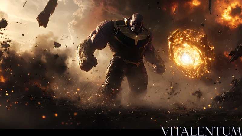 Armored titan traversing incandescent debris field in battle.