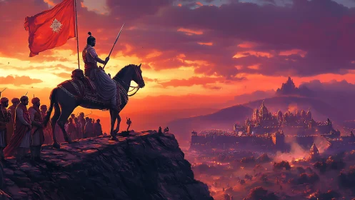 Sunset rider overlooking a glowing, storybook fortress city.