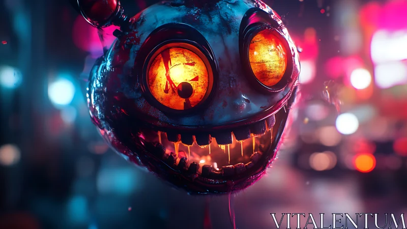 Glowing-eyed robotic mask floats in neon-lit urban street