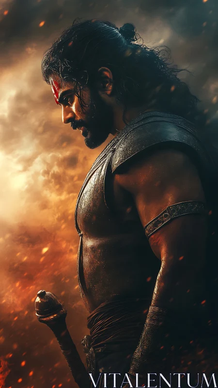 Warrior in profile amid sparks and smoke stands armed.