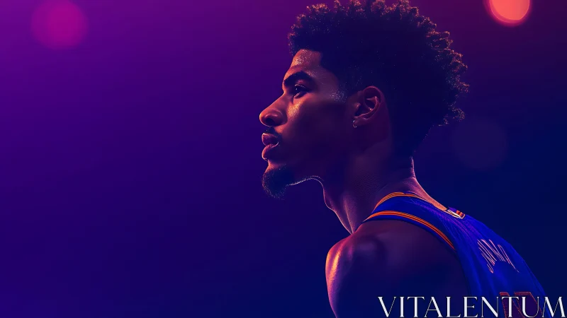 Neon-lit court dreamer poised in violet stadium glow.