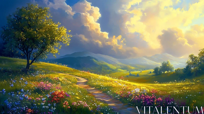 Sunlit valley path with layered clouds and saturated floral meadow