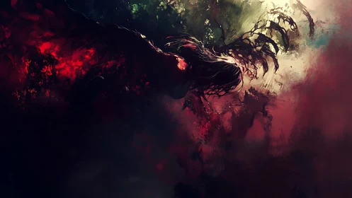 Dark winged figure emerging through abstract red haze