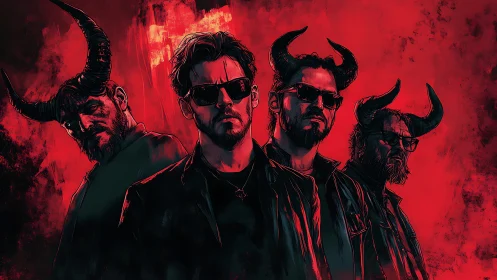 Leather-clad demon rockers brood beneath a bloodred sky