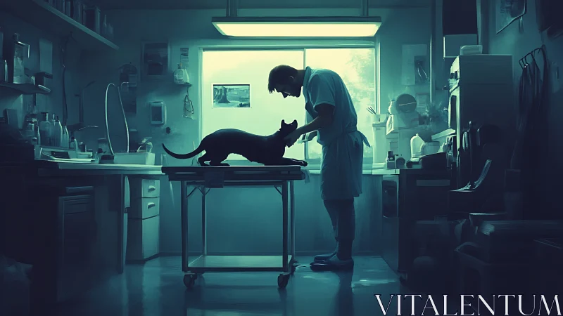 Veterinarian silhouette with cat under cyan clinical backlight.