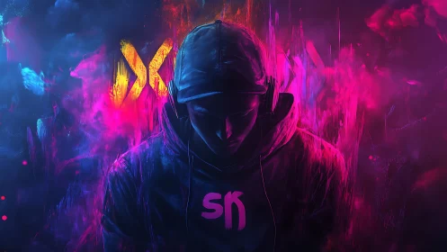 Neon soundshaper cloaked in electric magenta stormlight.