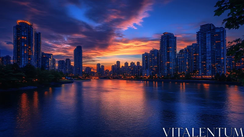 Luminous riverside skyline under intense twilight glow.