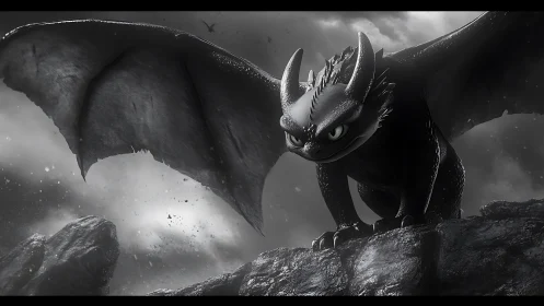 Stormy sky frames a brave little dragon ready for flight