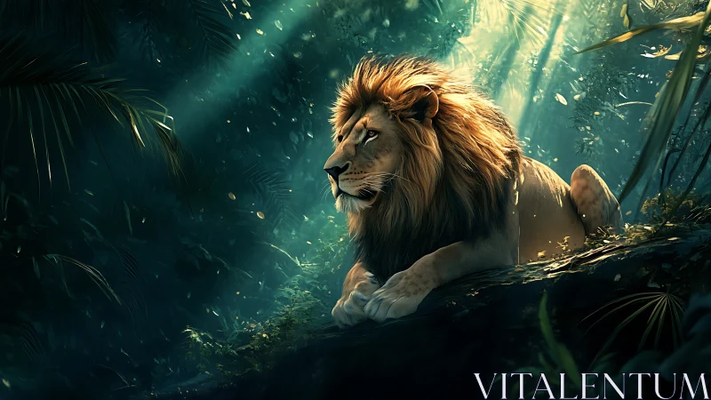 Male lion resting on forest ledge under filtered light.