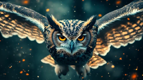 Majestic Owl in Flight with Intense Eyes, Digital Art Style.
