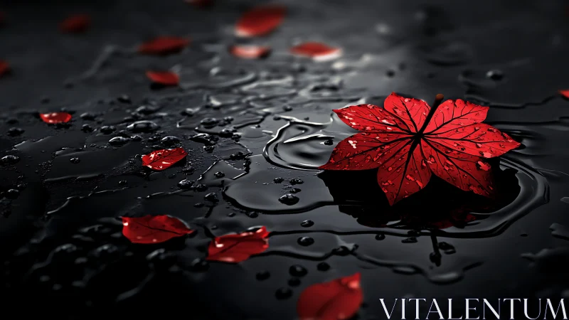 High-contrast red leaf macro rendered on glossy wet surface