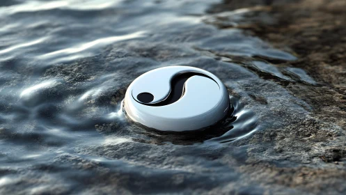 Yin-Yang symbol on wet stone in tranquil water, photorealistic style.