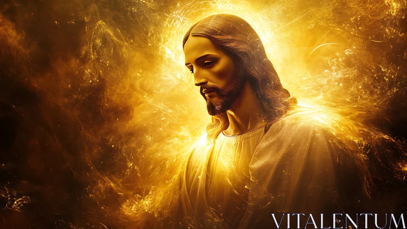 Radiant robed figure in golden luminous halo field profile view