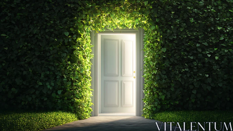 Inviting white door glowing softly in a lush green hedge.