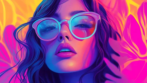 Neon dreamer in oversized glasses bathing in electric color.