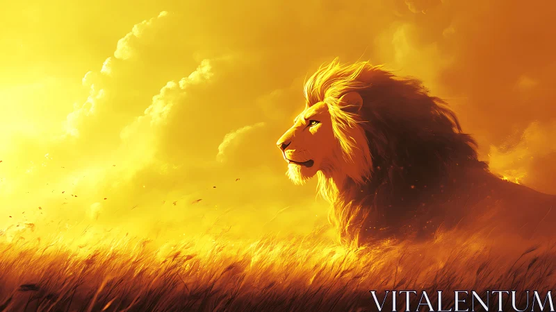 Golden savanna lion under radiant sunset sky panorama.