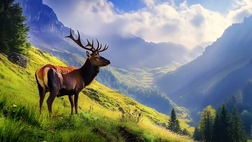 Majestic stag surveys mist filled alpine valley at sunrise