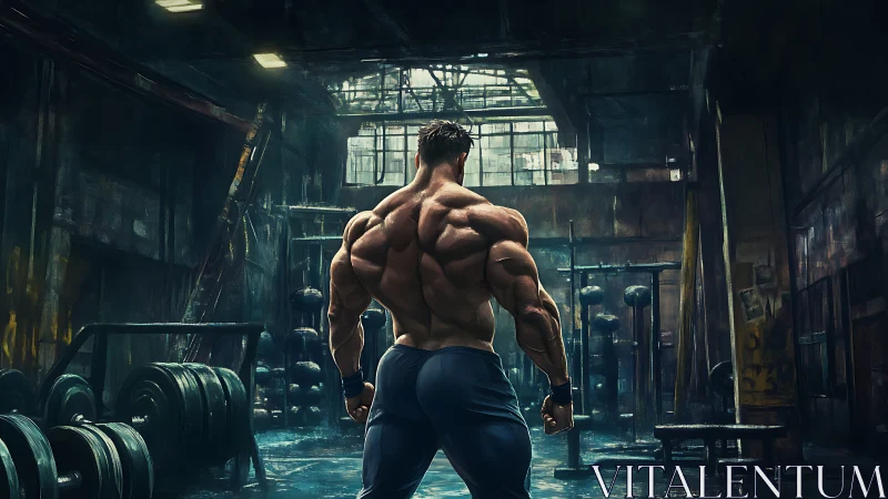 Muscular man stands alone in dark, industrial style gym.