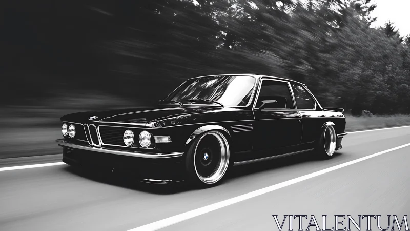 Classic black coupe driving on empty forest highway at speed.