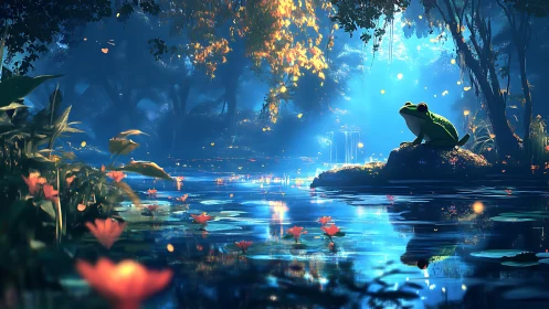 Bioluminescent forest pond with stylized frog under volumetric rays