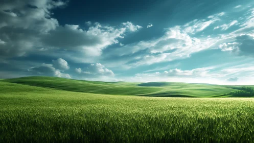 Sunlit green hills under a calming, wide open sky.
