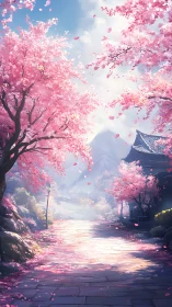 Blossom-draped mountain lane basking in dreamlit spring glow.