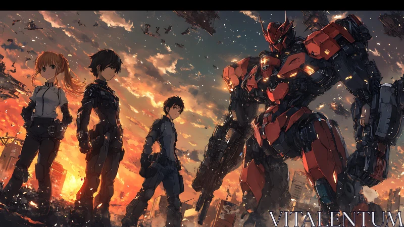 Mecha squad stands defiant in a burning futuristic skyline.
