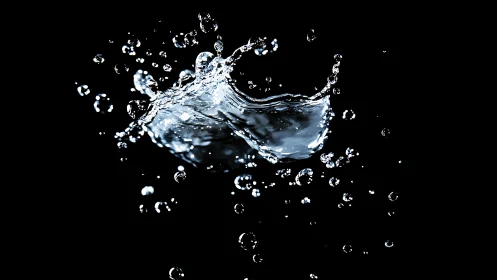 Shimmering water splash dances in midair against deep black