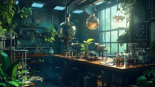 Botanical alchemist’s sunlit lab of glass, roots, and wonder.